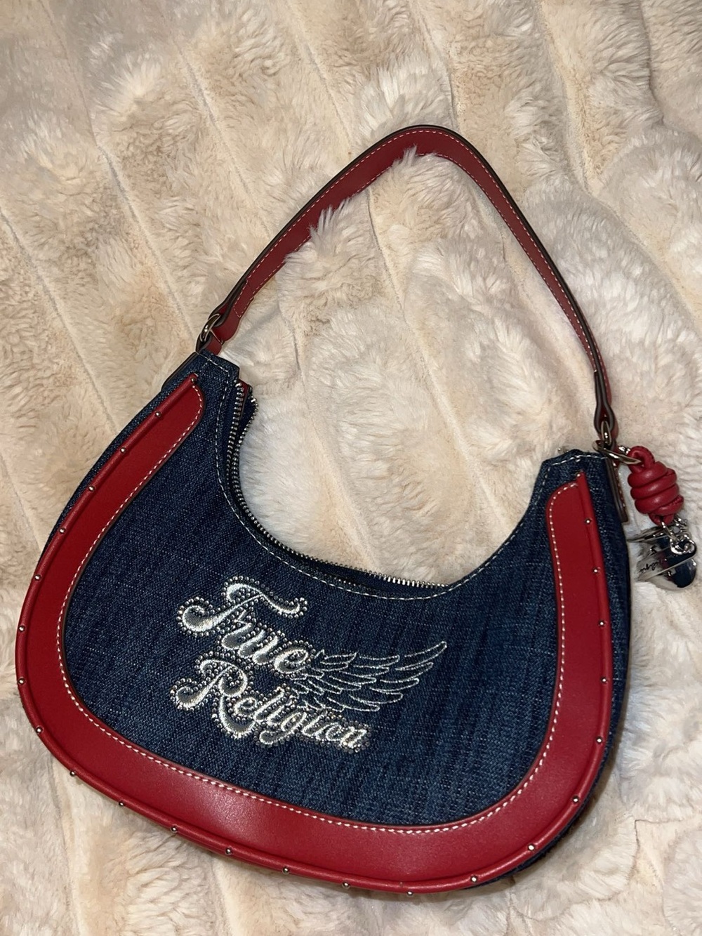 True Religion Denim Shoulder Bag with Red Trim